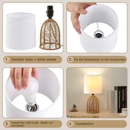 EJIAXIN Rattan Lamp Boho Lamps Set of 2-13.75" Mini Farmhouse Table Lamp Rustic End Table Decorative Small Lamps for Small Spaces Bedroom Nightstand Living Room Reading Desk Side Table Lamp - style: Rustic