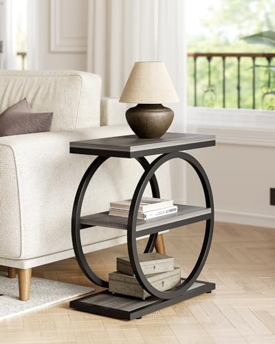 LITTLE TREE End Table Set 2, Side Table with 3 Tiers Shelves, Slim Sofa Side Table for Living Room, Tall Bedside Table Nightstand for Bedroom, Grey and Black - color: Grey