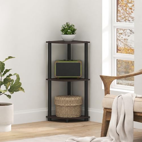 Furinno Turn-N-Tube Toolless Assembly 3-Tier Corner Shelf, Black Corner Book Shelf, Open Shelves Bookshelf, for Organization and Storage, Living Room, Home Office, Bedroom, Dark Mocha - color: Dark Mocha, size: 3-Tier Corner