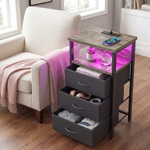 Fixwal Night Stand with Charging Station, LED Nightstand with Fabric Drawers, End Table with PU Finish, Bed Side Table, French Oak - color: French Oak, size: 27.6"H (3 drawers), style: Power+Light (1pc)