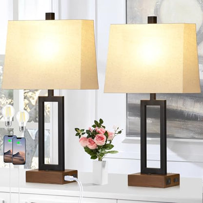 Rinweey 23.5" Table Lamps Set of 2, Modern Black Bedside Lamps with 2 USB Ports & AC Outlet, Contemporary Nightstand Lamps with Wood Base for Bedroom Living Room(LED Bulb Included) - color: Black