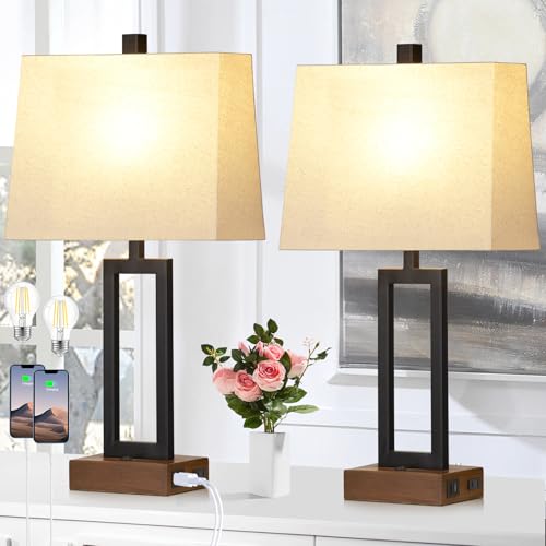 Rinweey 23.5" Table Lamps Set of 2, Modern Black Bedside Lamps with 2 USB Ports & AC Outlet, Contemporary Nightstand Lamps with Wood Base for Bedroom Living Room(LED Bulb Included) - color: Black