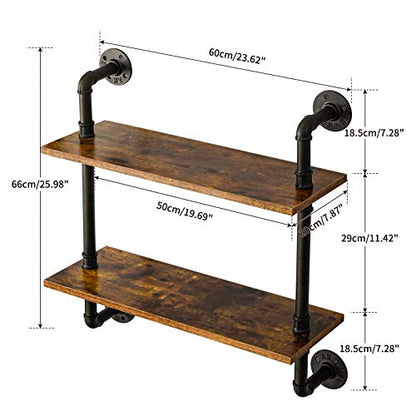 IBUYKE 2-Tiers Industrial Pipe Shelves, Pipe Floating Shelves RF-TM004 | Rustic Wall Mount Bookcase,Metal Bracket Storage Wall Shelf for Bedroom, Kitchen - size: 2 Tier