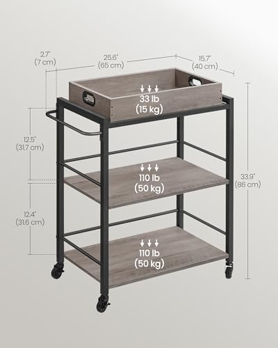 VASAGLE Kitchen Serving Cart with Removable Tray, 3-Tier Kitchen Utility Cart on Wheels with Storage, with Brakes, Leveling Feet, 15.7 x 28.3 x 33.9 Inches, Greige and Black ULRC072B02 - color: Greige + Black, size: 15.7"D x 28.3"W x 33.9"H