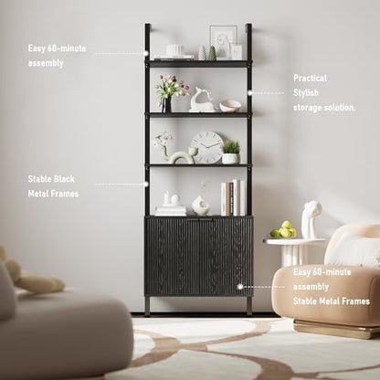 INNOD 74" Tall Bookshelf with Storage Cabinet, Modern Ladder Shelf with Wood and Metal Frame, Wall Mount Bookcase Open Display Shelf Furniture for Living Room, Bedroom, Home Office，Black - color: Black