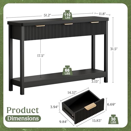 Fluted Console Table, 51 Inch Entryway Table with 3 Drawers | Scandi farmhouse look with quiet full-extension slides, open lower shelf, profile for hallway, entry, foyer or behind sofa. - color: Black