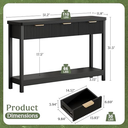 Fluted Console Table, 51 Inch Entryway Table with 3 Drawers | Scandi farmhouse look with quiet full-extension slides, open lower shelf, profile for hallway, entry, foyer or behind sofa. - color: Black