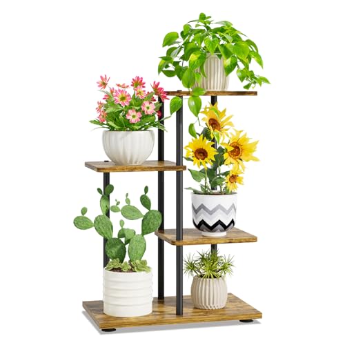 iDavosic.ly 3 Tier Plant Stand Indoor, Tiered Corner Metal Wood Multiple Flower Holder Shelf, 25 Inch Tall Orchid Display Rack for Patio Porch Living Room Balcony Outdoor, Modern Black & Rustic Brown - color: Rustic Brown, size: 3 Tier
