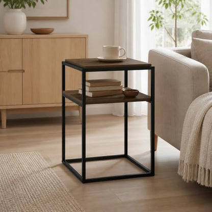 2-Tier Stackable Metal Frame End Table, Toolless Assembly Bedside Table, Night Stand with Open Shelf, Side Table, for Bedroom, Living Room, Columbia Walnut - color: Columbia Walnut, size: 2 Tier, Set of 1