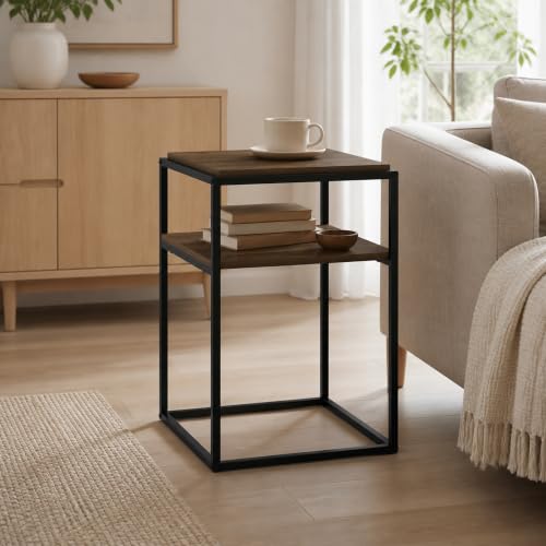2-Tier Stackable Metal Frame End Table, Toolless Assembly Bedside Table, Night Stand with Open Shelf, Side Table, for Bedroom, Living Room, Columbia Walnut - color: Columbia Walnut, size: 2 Tier, Set of 1