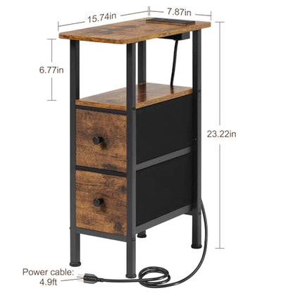 LOAKEKEL Narrow Nightstand with Charging Station, End Tables Living Room Set of 2, Skinny Side Table with Fabric Drawers, Small Sofa Table with LED Light for Bedroom, Brown, HETNDP02LBR - color: Rustic Brown + Black, style: Power + Light