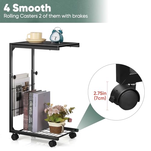 C Shaped End Table Small Side Table with Wheels Slide Under Couch Table for Sofa Adjustable Height C Table with Metal Frame for Living Room Bedroom Bedside, Black - color: Black