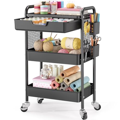 KINGBOARD 3 Tier Metal Rolling Cart with Drawer, Black Utility Storage Cart | 2 Cups & 4 Hooks, Lockable Wheels, Trolley Organizer for Bathroom, Kitchen, Office, Nursery, Dorm, Laundry, Craft Room
