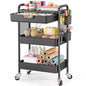 KINGBOARD 3 Tier Metal Rolling Cart with Drawer, Black Utility Storage Cart | 2 Cups & 4 Hooks, Lockable Wheels, Trolley Organizer for Bathroom, Kitchen, Office, Nursery, Dorm, Laundry, Craft Room