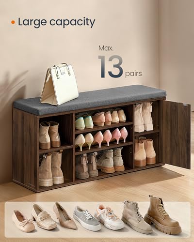 SONGMICS Home Storage Bench, Snapsemble Superfast Assembly, 41" Wide Entryway Shoe Bench with Cushion & Adjustable Shelves, Shoe Rack Cabinet, Natural Walnut and Slate Gray ULHS391KE04S - color: Natural Walnut + Slate Gray, style: 12"D x 40.9"W x 18.9"H w