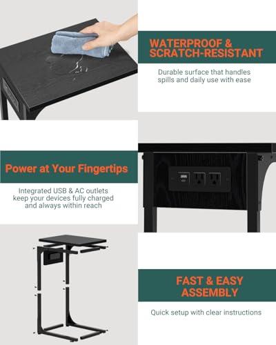 C-Shaped Side Table for Couch - Small Coffee Stand Sofa Tray Desk with Metal Frame Waterproof Scratch Resistant Wood Top and Built-in Charging Station, Black - color: Black, size: 1-Pack, style: Includes Power Outlets