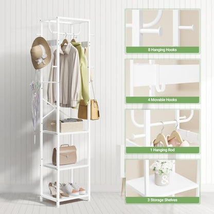 ELYKEN Coat Rack Freestanding, Hall Tree with 3 Storage Shelves and 12 Hooks, Industrial Clothes Rack Stand Organizer for Bedroom, Hallway, Entryway, Office, Living Room, White - color: White