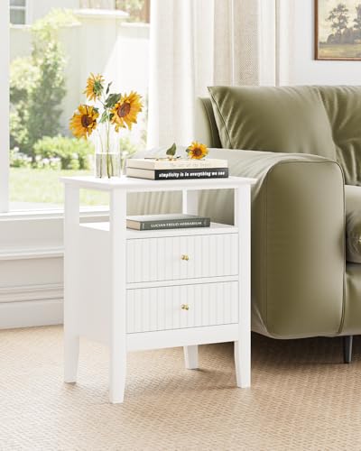 Fluted Nightstand, Farmhouse Night Stand with 2 Drawers, Mid Century Modern Side Accent Table,Bedside End Table for Bedroom, Living Room, White - color: White, size: 2 Drawers