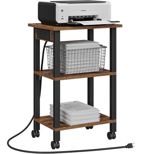 TUTOTAK Printer Stand, 3 Tier Rolling Printer Cart with Charging Station | Small Under Desk Printer Table with Wheels for Small Space, Office, Home, Brown PS02BB001 - color: Brown, size: 3 tier(15.7 x 11.8 x 23.6inchs)