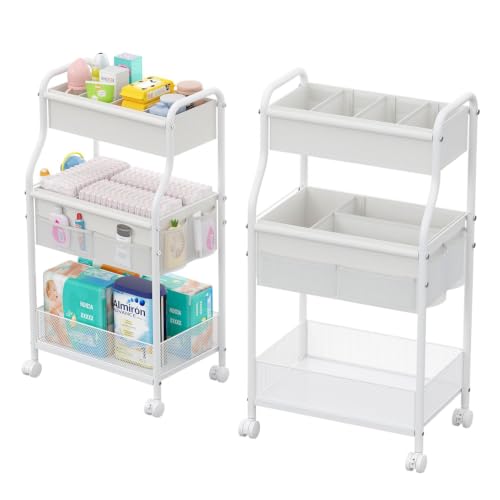3-Tier Diaper Caddy Organizer & Rolling Cart,Metal Utility Cart with 4+2 Dividers & Lockable Silent Casters, Mobile Storage Cart for Nursery Essentials, Multi-Purpose for Kidsroom Changing Table