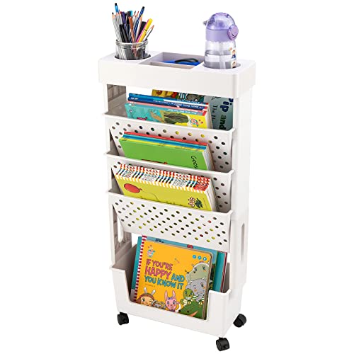 White Rolling Office Paper Organizer, Mobile Book Cart Document Folder File Storage with Pen Holder, Slim Rolling Storage Cart Movable Bookshelf for Office, Dorm, Classroom, Nursery - color: White