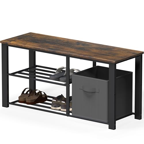 Simple Houseware 2 Tier Shoes Bench with Wood Top and Storage Bins, Rustic Brown - color: Rustic Brown, size: 35"