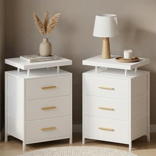 DreamDashio Nightstand Set of 2 with LED Lights, 3 Fabric Storage Drawers with PU Finish, Floating Top Design, Bedside Table with Open Shelf, End Table for Bedroom, Living Room, Office White - color: White（2 Pack)