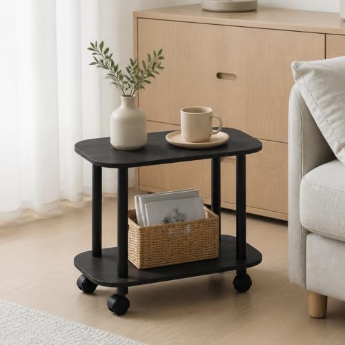 2-Tier Oval Sofa End Table with Wheels, Round Corner Bedside Table, Night Stand with Open Shelf, Toolless Assembly Side Table, for Bedroom, Living Room, Espresso - color: Espresso/Black, size: 2 Tier, Oval