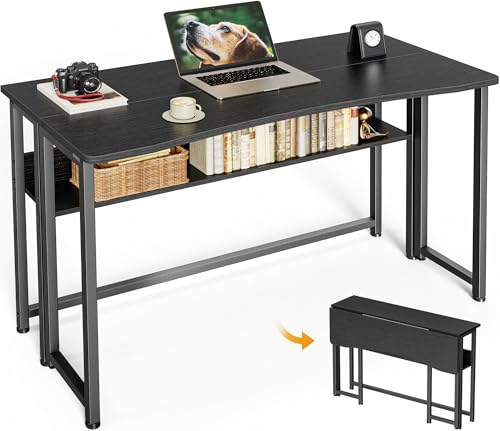 Huuger Folding Desk with Storage Shelf, 39.3 Inch Foldable Computer Table for Small Spaces, Space Saving Sofa Table for Couch, Writing Work Office Computer Desk, Easy to Fold, Black - color: Black, size: 18.5"D x 39.4"W