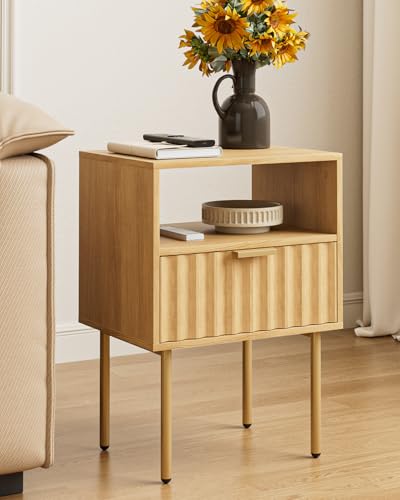 Night Stand,Modern Bedside Table with Drawer and Shelf,Light Oak Night Stand with Gold Frame,Small Side Table for Bedroom,Living Room - color: Oak Brown