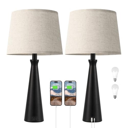 Seealle Modern Table Lamps Set of 2 - Touch Bedside Lamp for Nightstand with Dual USB C+A,3-Way Dimmable Nightstand Lamps for Living Room Bedroom End Table with Beige Shade(Bulb Included) - color: E. Black-Beige