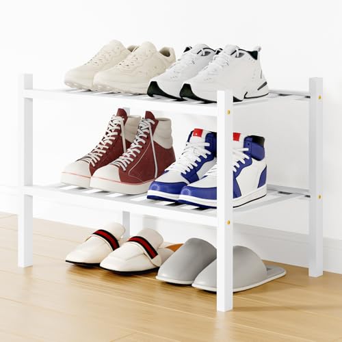 Smiry Bamboo Shoe Rack, 12 Vertical Slats, 2 Tier - 17.3" Wide, White | Stackable Free Standing Wooden Shoe Organizer, Wood Shoe Storage Shelf for Closet, Entryway - color: White, size: 17.32" Wide - 2 Tier - Regular