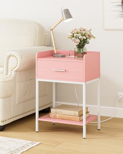 Nightstand with Charging Station,3-Tier Modern Bedside Table Night Stand with Storage Drawer and Open Shelf,Small End Side Table for Bedroom,Living Room,Pink - color: Pink With Charging Station