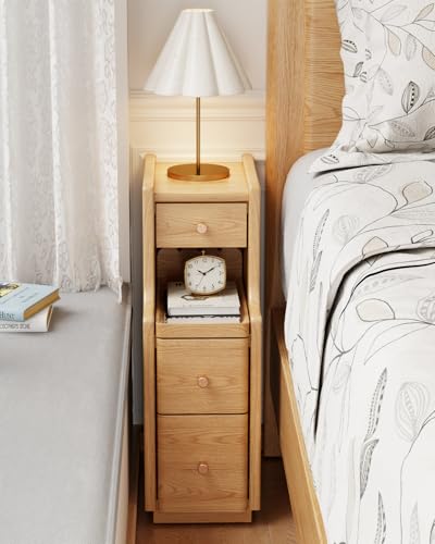 Solid Wood Narrow Nightstand with 3 Drawers,Modern Natural,Fully Assembled | Narrow night stand,gold handles,open Shelf,skinny bedside table,slim nightstand for bedroom storage,space-saving storage - color: Natural（15.75"d X 7.87"w X 23.62"h）
