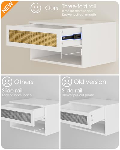 Small Modern Nightstand with Drawer, Floating Shelves for Bedroom, Bathroom (White Rattan) - color: White Rattan