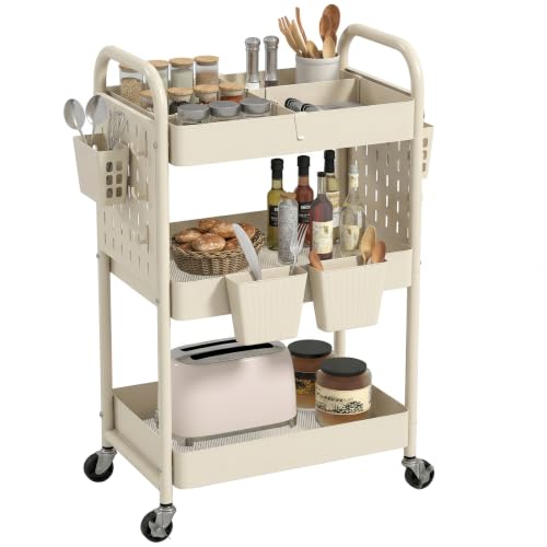danpinera 3 Tier Rolling Cart with Retractable Dividers, Multi-Functional White Rolling Utility Cart with Pegboards, Hooks & Hanging Cups for Nursery, Living Room, Studio - color: Beige