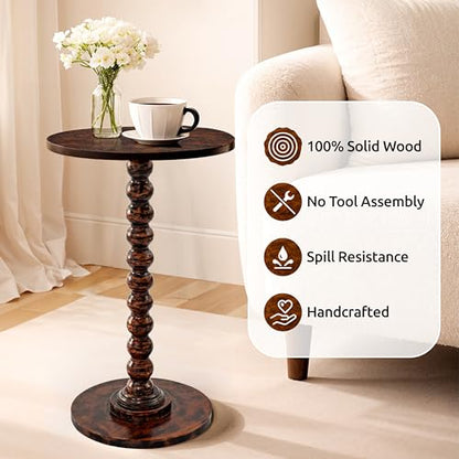 Solid Wood Round Side Table for Living Room, Bedroom and Office — Handcrafted 22-Inch End Table, Bedside Nightstand, Accent Table for Small Spaces with Tool-Free Assembly- Rustic Brown - color: Rustic Brown