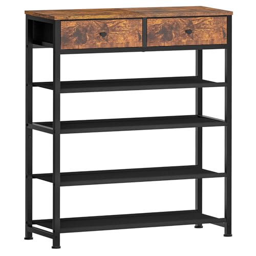 usikey Shoe Rack, 5 Tier Shoe Storage Organizer with 2 Drawers, Metal Shoe Shelf for 12-16 Pairs of Shoes, with 4 Oxford Fabric Shelves and Wooden Top, Shoe Stand for Closet Entryway, Rustic Brown - color: 5 Tier ( 28.3 X 11 X 36.2 Inches)-rustic Brown