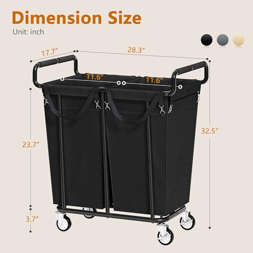 Gewudraw 2 Bag Laundry Hamper with Wheels Medium Size, 250L, Black | Rolling Laundry Basket, Steel Frame, Removable Liner, Heavy Duty Rolling Laundry Cart with Handle for Laundry Room, Bathroom - color: Black, size: 2-Section-250L