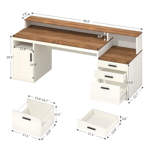 YOMILUVE 65 Inch Computer Desk with 3 Drawers & Storage Shelves, Executive Desk with File Drawer & Cabinet, Home Office Desk with Long Monitor Stand & Printer Shelf, Antique White - color: Antique White
