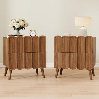 Modern Set of 2 Fluted Nightstand for Bedroom, Walnut Wood Bedside Table | Wood End Side Table with Arch Curved Design, Night Stand with 2 Drawer - color: Brown, size: 2 Pack