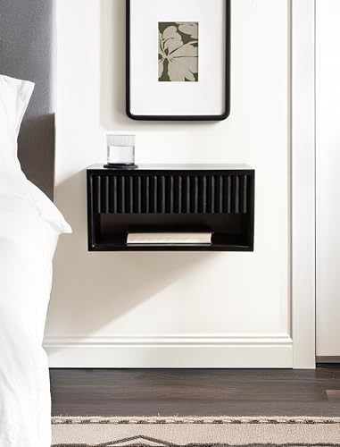 Kate and Laurel Reid Ribbed Wooden Tiered Floating Side Table, 18 x 10 x 9, Black, Modern Rectangular Mango Wood Floating Nightstand with Drawer for Bedroom Storage or Living Room End Table - color: Black