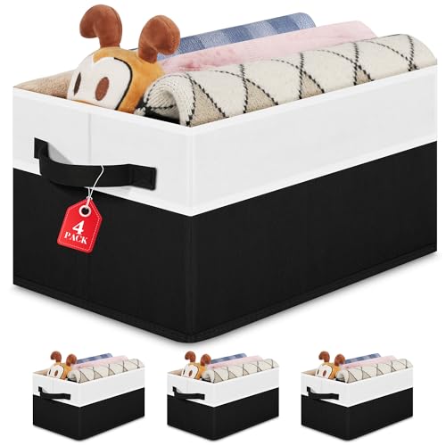 Large Shelf Storage Bins [4 Pack],Decorative Collapsible Storage Basket,Fabric Closet Organizer and Home Storage Cubes with Handles for Organizing Books, Clothes, Toys, Nursery（Black） - color: Black