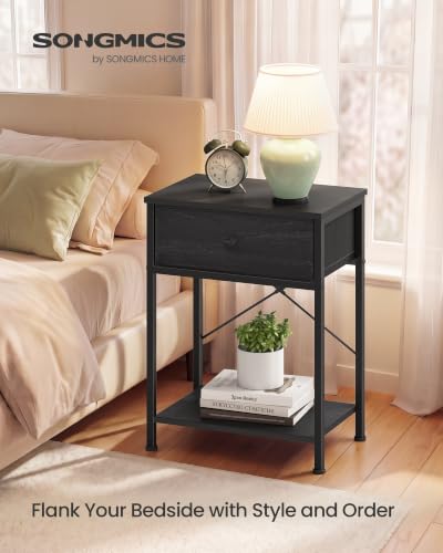 SONGMICS Bedside Table with Drawer, Nightstand with Lower Shelf | Side End Table for Bedroom, Living Room, Ebony Black, BELLAH Collection, ULGS101B201S - color: Bony Black, style: 1 Drawer-1Pc