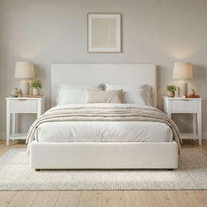 Modern Fluted Small Wood Nightstand, 11.8" Deep x 15.4" Narrow Bedside Table with Drawer & Open Shelf, Farmhouse Chic Accent Side Table for Bedroom & Sofa - White | Bright white tone, ribbed fluted front, 11.8-inch slim depth, concealed storage, clean fit