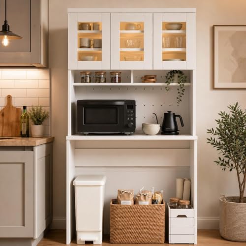 Garvee 71.5" Kitchen Cabinet with Trash Can Storage, Kitchen Trash Can Cabinet with Microwave Stand, 35.4" Wide Kitchen Pantry with Garbage Storage for Dining Room - color: White