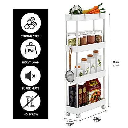 4 Tier Slim Storage Cart Mobile Shelving Unit Organizer Slide Out Storage Rolling Utility Cart Tower Rack for Kitchen Bathroom Laundry Narrow Places, Plastic & Stainless Steel, White