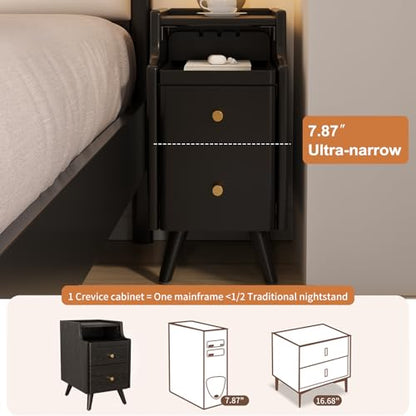 AQIMUELE Small Nightstand with Drawers, Solid Wood Bedside Table, Narrow Walnut Nightstand for Bedroom - color: 1 Pc(black), size: 15.74''D*11.81''W*19.68''H