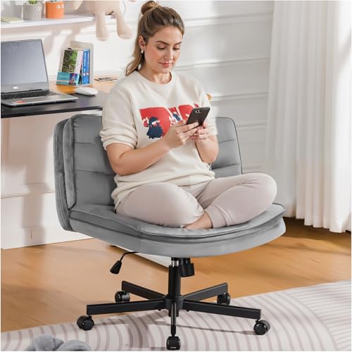 COMHOMA Cross Legged Office Chair with Wheels Armless-Office Desk Chair, Modern Vanity Computer Task Chairs for Home Bedroom, Comfortable Wide Seat for Lower Back Pain Relief, Soft Velvet, Gray - color: Gray Velvet