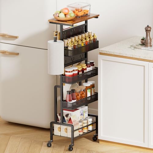 Slim Storage Cart, Narrow Rolling Cart with Wooden Top, Kitchen Cart on Wheels with Paper Towel Holder, Small Skinny Utility Cart for Laundry Room Bathroom, Thin Standing Spice Rack Snack Cart